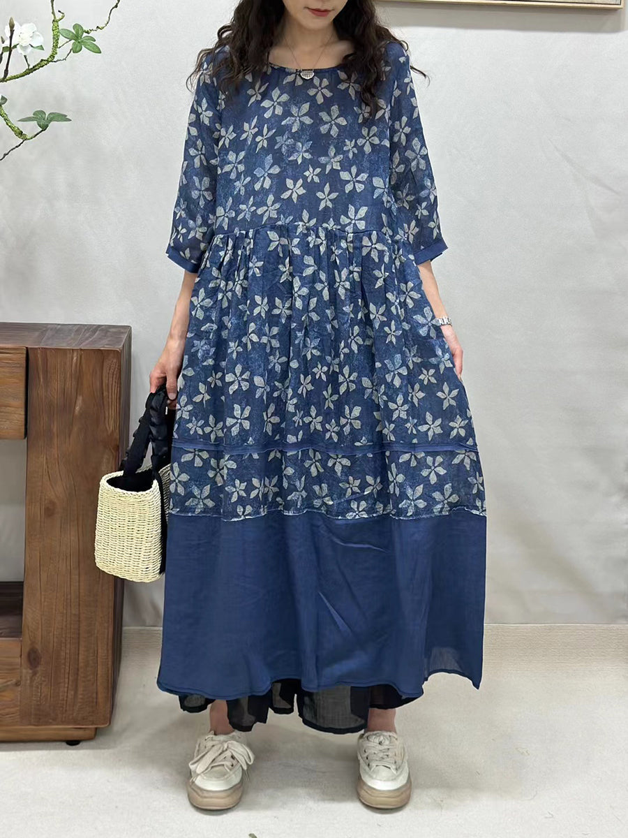 Robe d'été vintage en ramie épissée à fleurs pour femmes CV1043