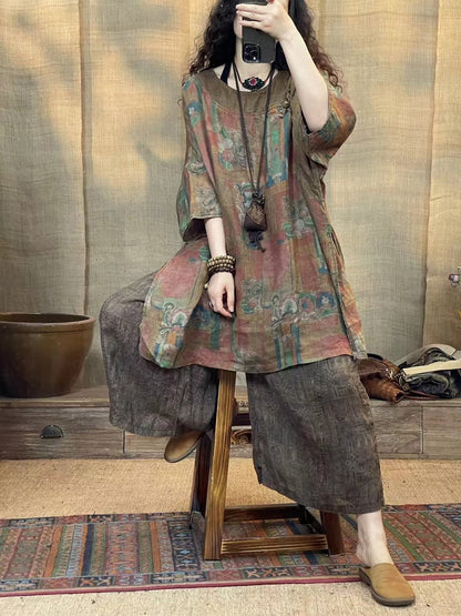 Women Summer Vintage Print Spliced Loose Linen Shirt CV1046