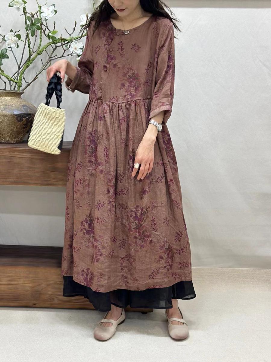 Robe d'été vintage à col rond en ramie à fleurs pour femmes CV1050