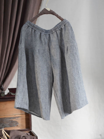 Women Summer Vintage Solid Spliced Linen Wide-leg Pants CV1001