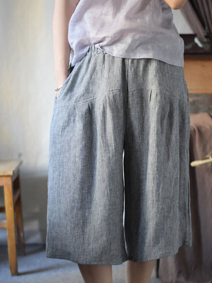 Women Summer Vintage Solid Spliced Linen Wide-leg Pants CV1001