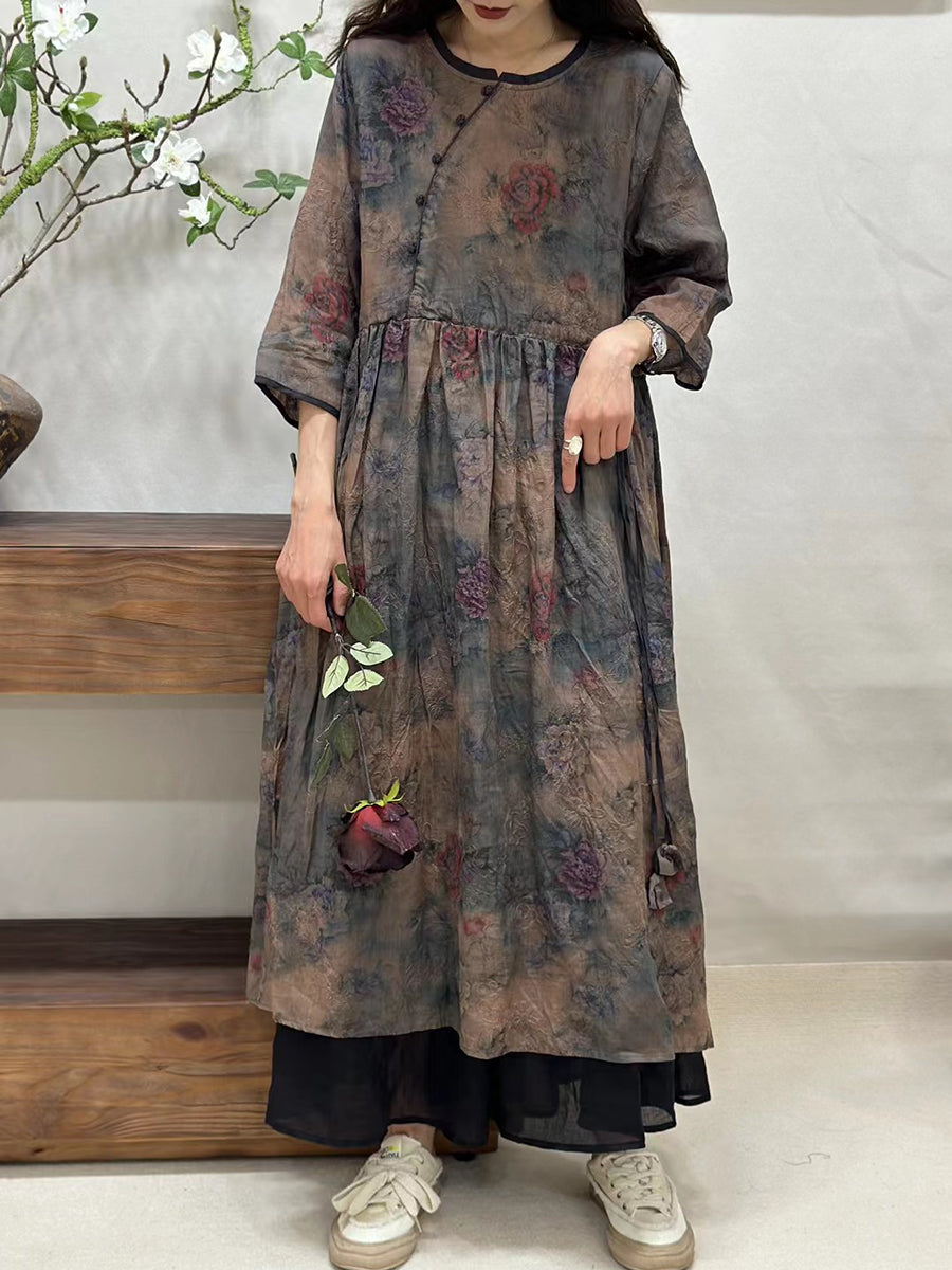 Robe ample d'été vintage à fleurs en ramie pour femmes CV1002