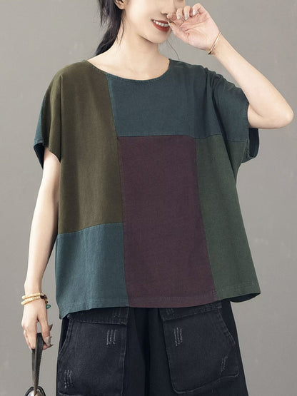 Women Casual Colorblock Cotton Pullover Shirt CV1030