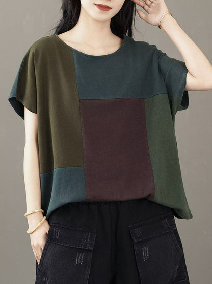 Women Casual Colorblock Cotton Pullover Shirt CV1030