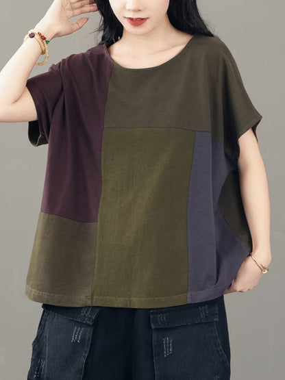 Women Casual Colorblock Cotton Pullover Shirt CV1030