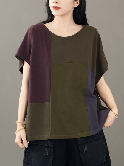 Women Casual Colorblock Cotton Pullover Shirt CV1030