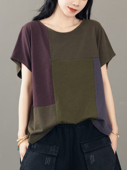 Women Casual Colorblock Cotton Pullover Shirt CV1030