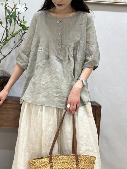 Women Summer Thin Casual Solid Shirred Ramie Shirt CV1016