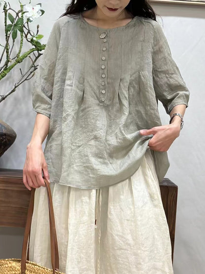 Women Summer Thin Casual Solid Shirred Ramie Shirt CV1016