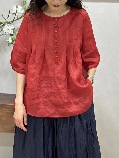 Women Summer Thin Casual Solid Shirred Ramie Shirt CV1016