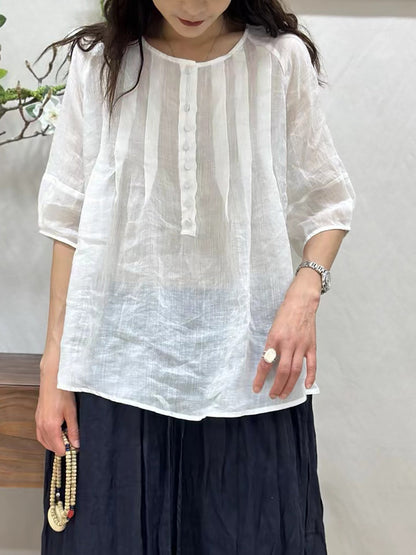 Women Summer Thin Casual Solid Shirred Ramie Shirt CV1016