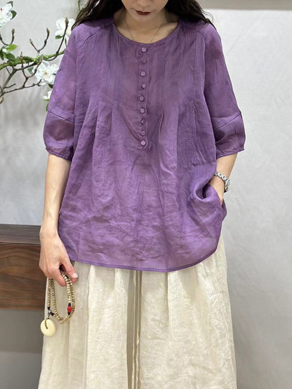 Women Summer Thin Casual Solid Shirred Ramie Shirt CV1016