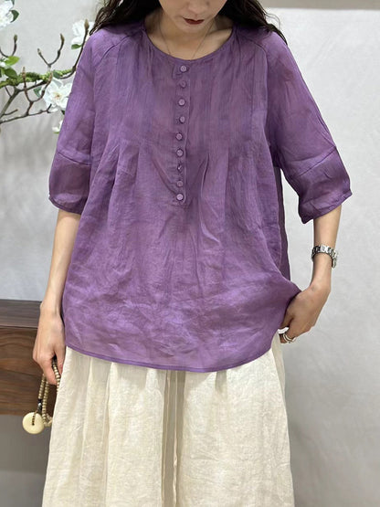 Women Summer Thin Casual Solid Shirred Ramie Shirt CV1016