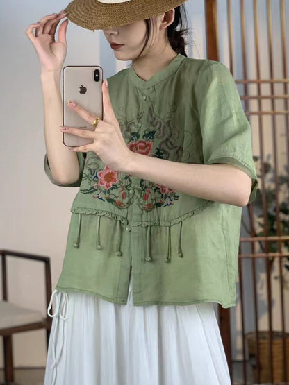 Women Summer Ethnic Flower Embroidery Button-up Ramie Shirt CV1020