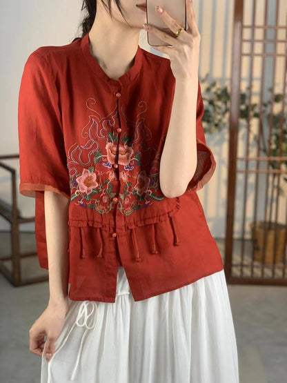 Women Summer Ethnic Flower Embroidery Button-up Ramie Shirt CV1020