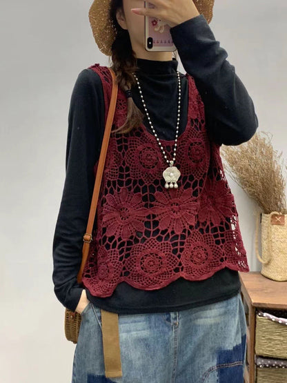 Women Summer Artsy Flower Knitted Cutout V-neck Vest CV1023