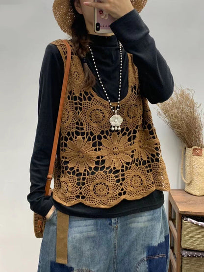 Women Summer Artsy Flower Knitted Cutout V-neck Vest CV1023