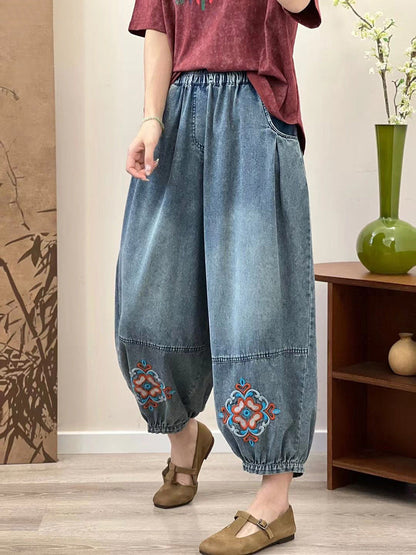 Women Summer Vintage Floral Embroidery Denim Pants OP1037