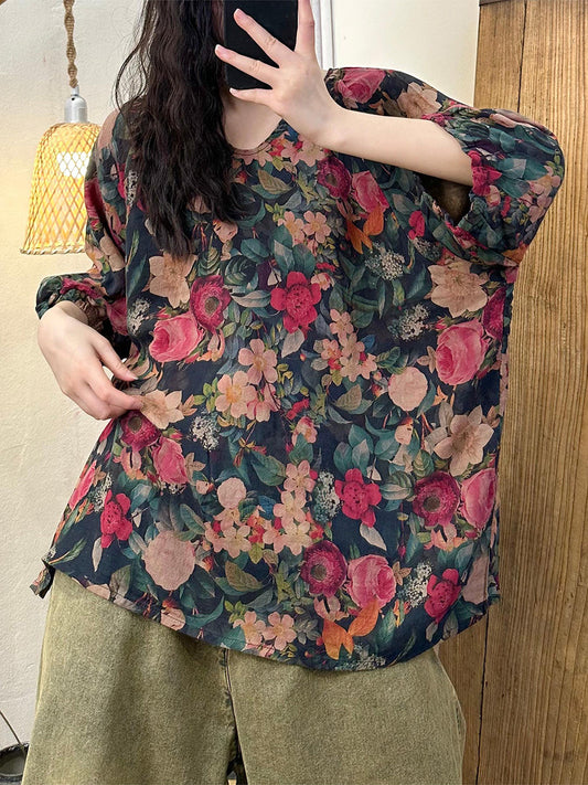 Chemise d'été en coton à col en V et imprimé floral pour femme OP1035