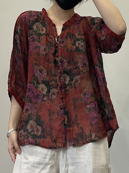 Women Summer Vintage Flower Button-Up V-Neck Ramie Shirt OP1054