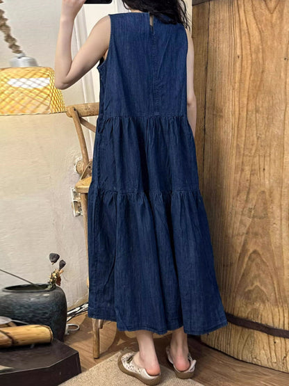 Women Summer Artsy Solid Spliced Denim Vest Dress OP1045