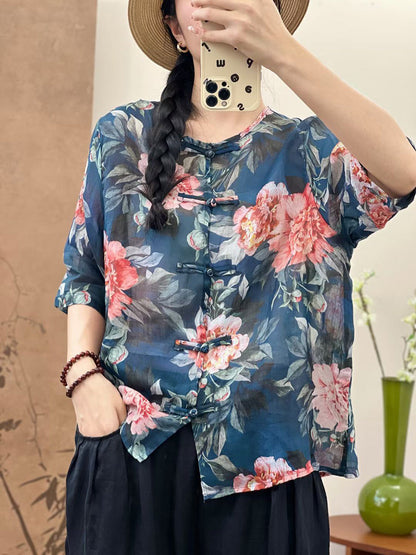 Women Summer Ethnic Flower Button-up Ramie Shirt OP1046