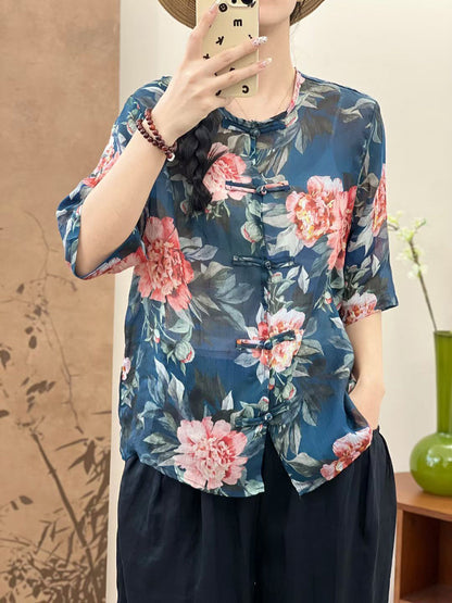 Women Summer Ethnic Flower Button-up Ramie Shirt OP1046