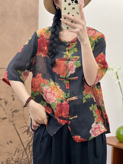 Women Summer Ethnic Flower Button-up Ramie Shirt OP1046