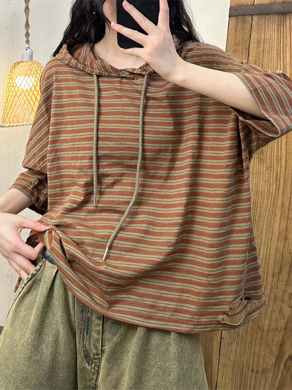 Women Summer Casual Stripe Hooded Cotton Shirt OP1056