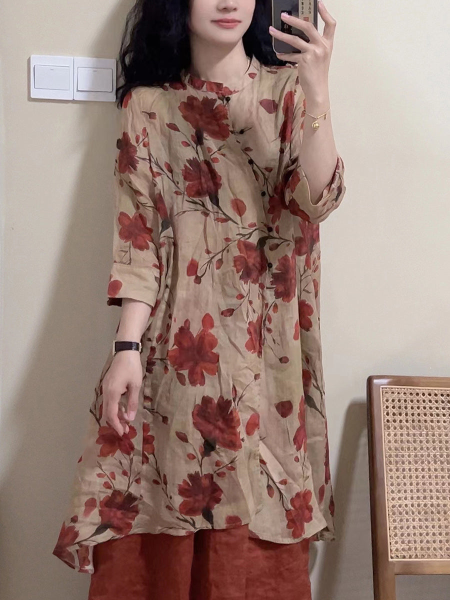 Chemise longue boutonnée en lin à imprimé floral vintage pour femme OP1034