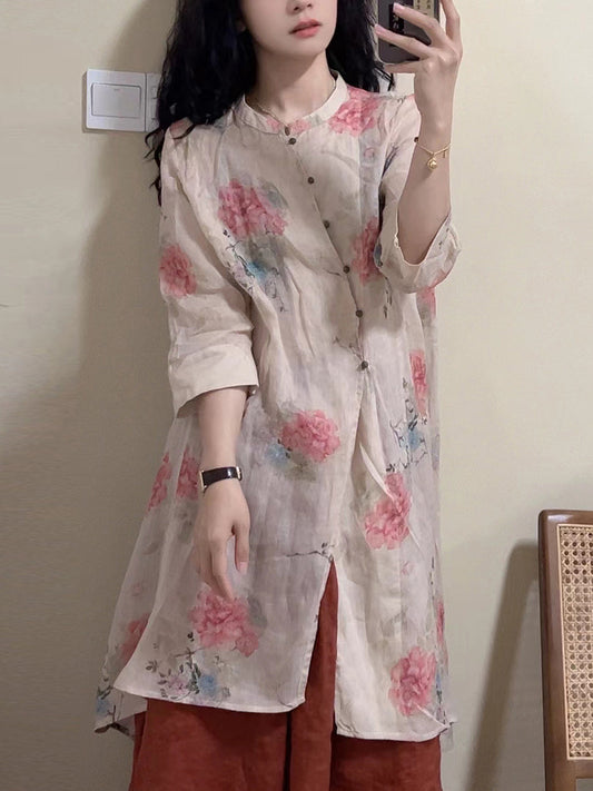 Chemise longue boutonnée en lin à imprimé floral vintage pour femme OP1034