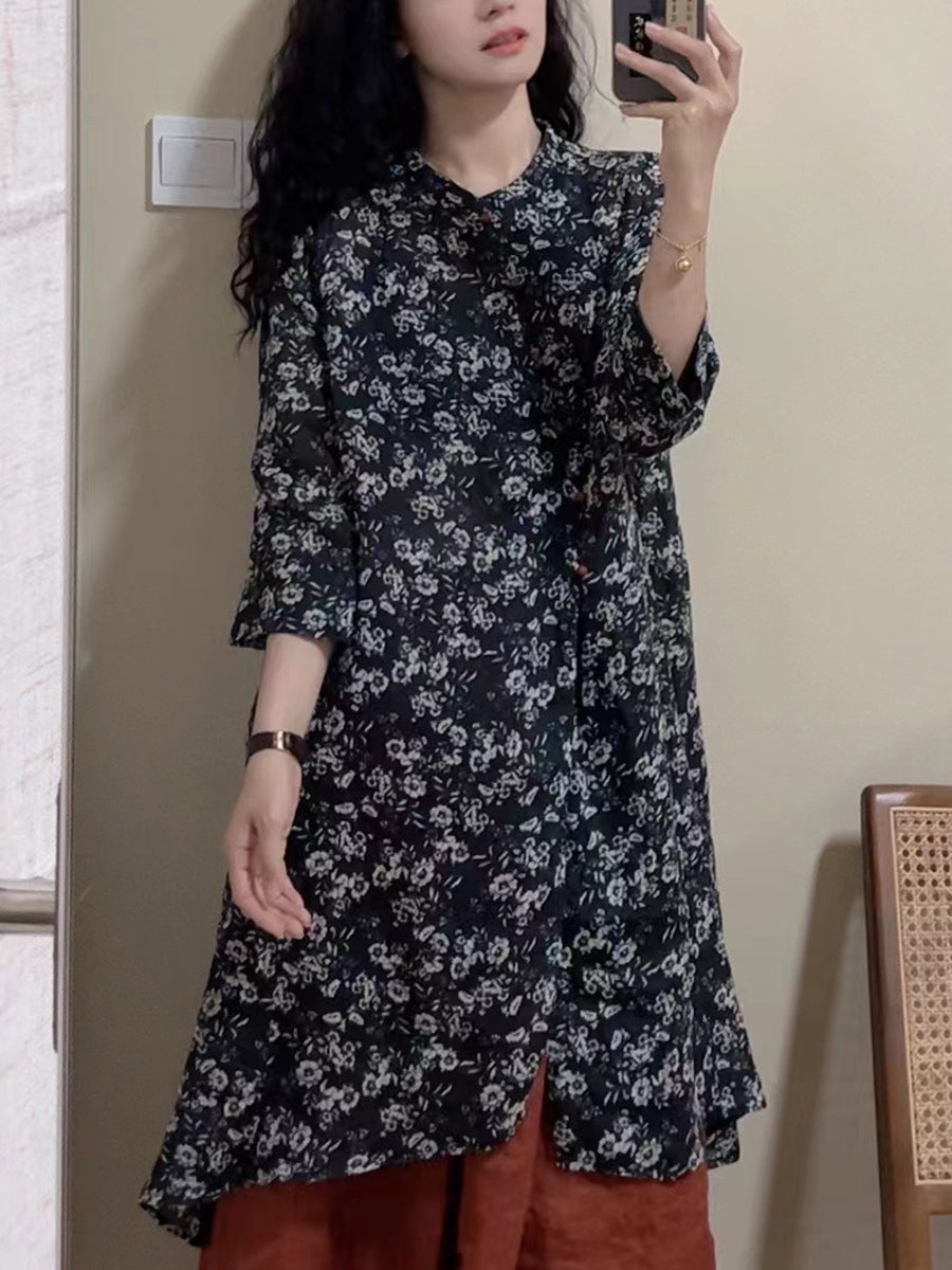 Chemise longue boutonnée en lin à imprimé floral vintage pour femme OP1034