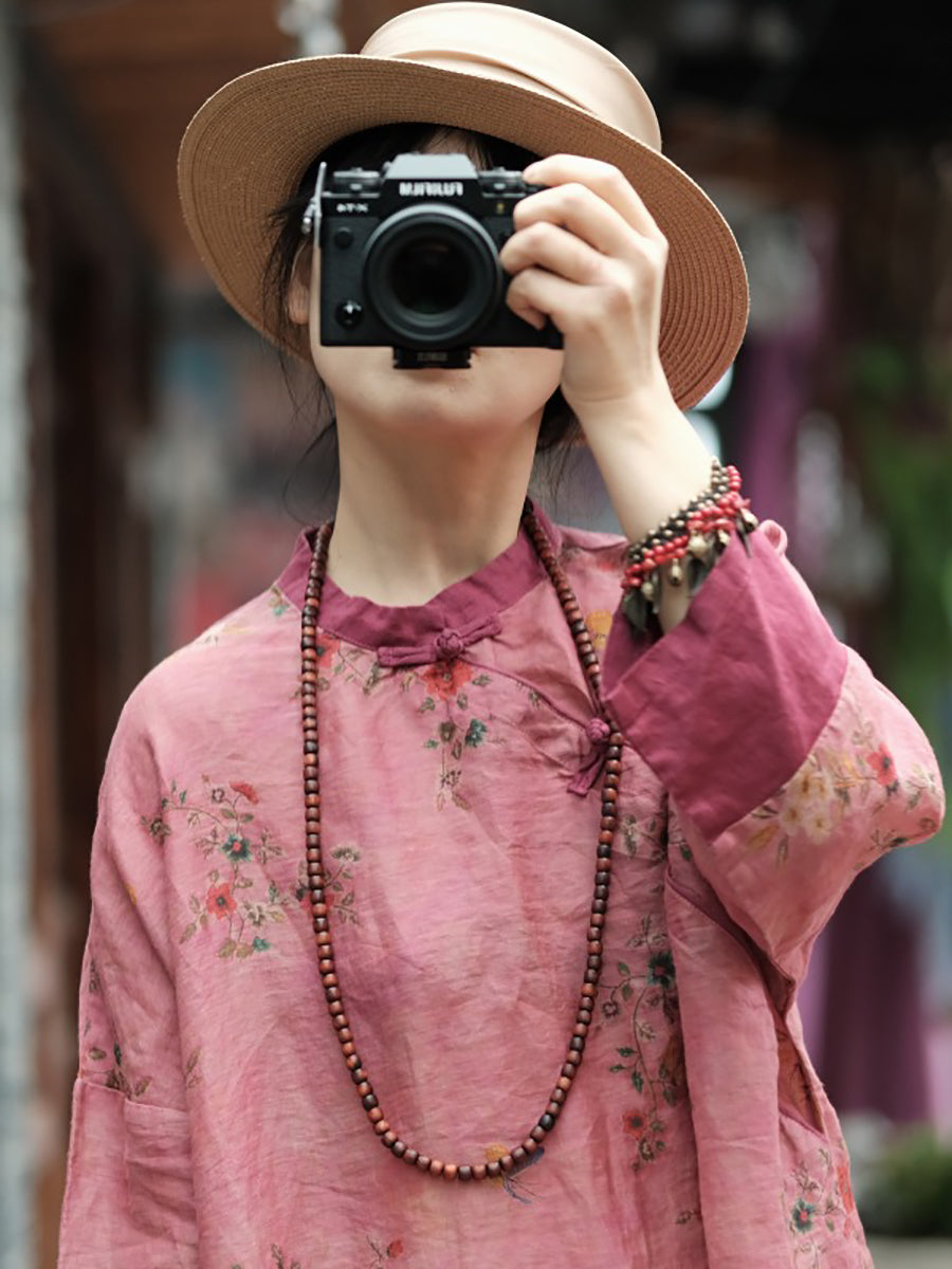 Robe d'été ethnique à fleurs pour femmes 100 % ramie RR1001