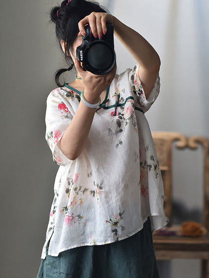 Women Summer Ethnic Floral V-Neck Buckle Ramie Shirt RR1003