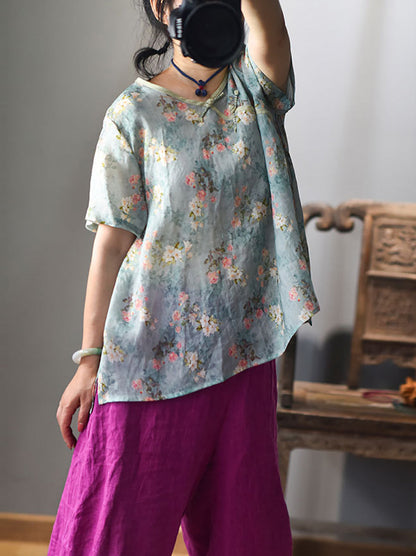 Women Summer Ethnic Floral V-Neck Buckle Ramie Shirt RR1003