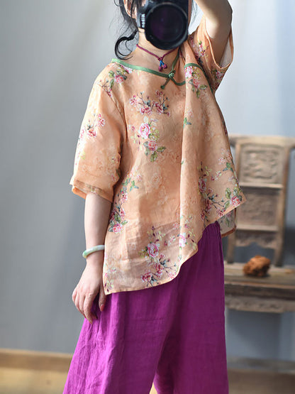 Women Summer Ethnic Floral V-Neck Buckle Ramie Shirt RR1003