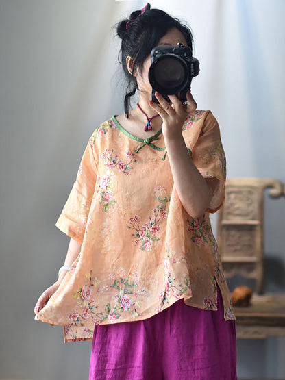 Women Summer Ethnic Floral V-Neck Buckle Ramie Shirt RR1003