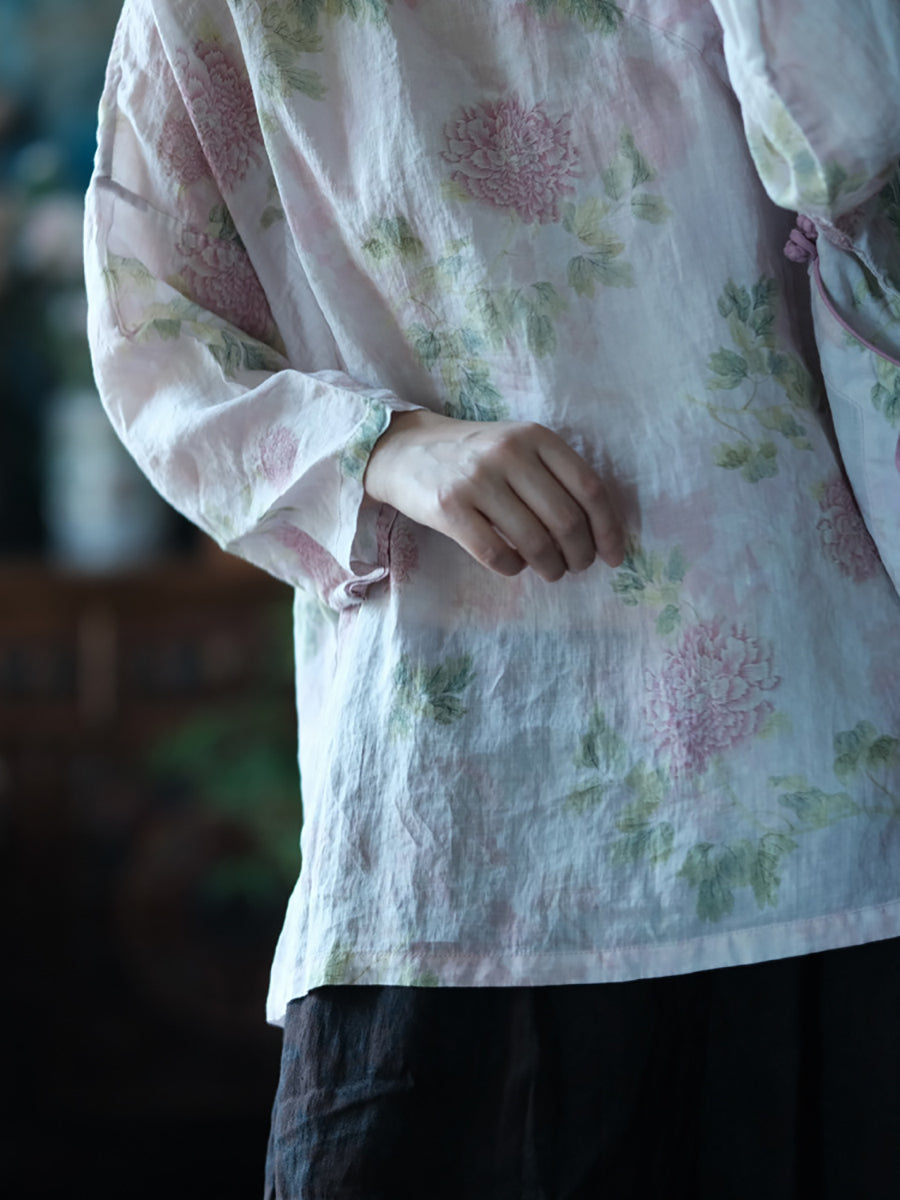 Chemise d'été vintage à fleurs pour femmes 100 % ramie RR1005