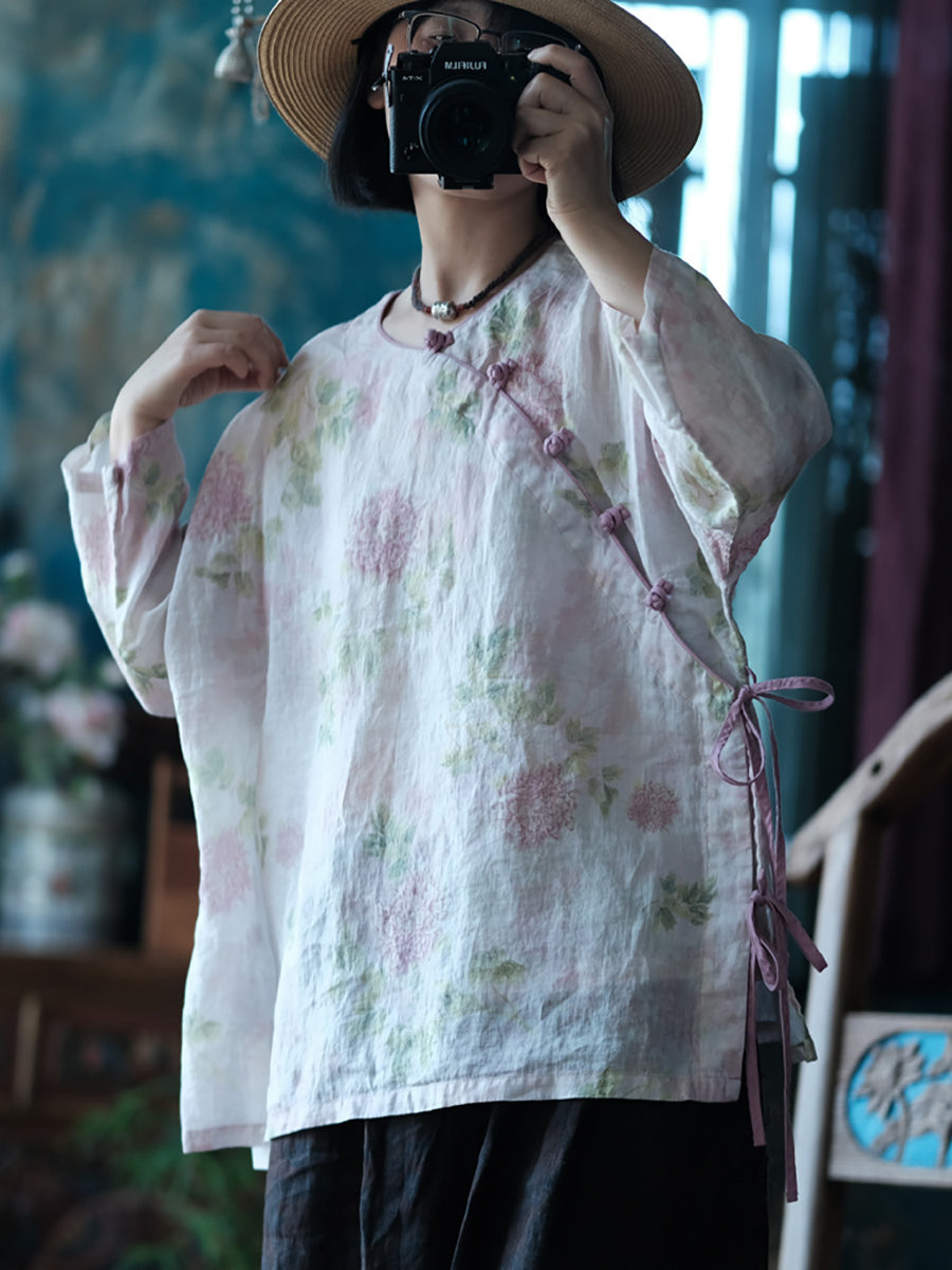 Chemise d'été vintage à fleurs pour femmes 100 % ramie RR1005