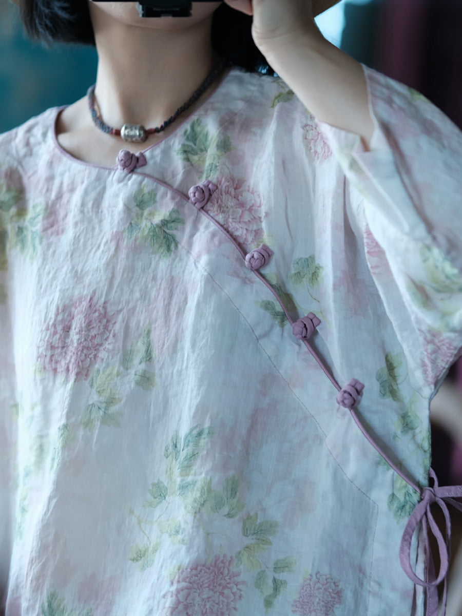 Chemise d'été vintage à fleurs pour femmes 100 % ramie RR1005