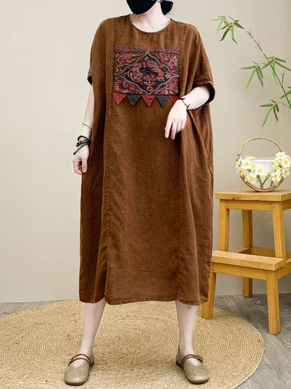 Women Summer Retro Spliced Embroidery Linen Loose Dress RR1009