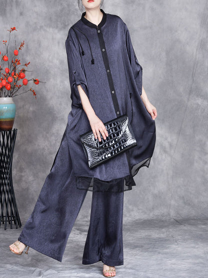 Women Summer Artsy Spliced Loose Button-up Shirt+Pants OP1005