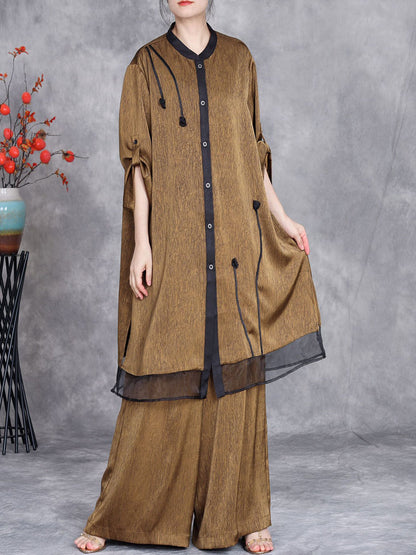 Women Summer Artsy Spliced Loose Button-up Shirt+Pants OP1005