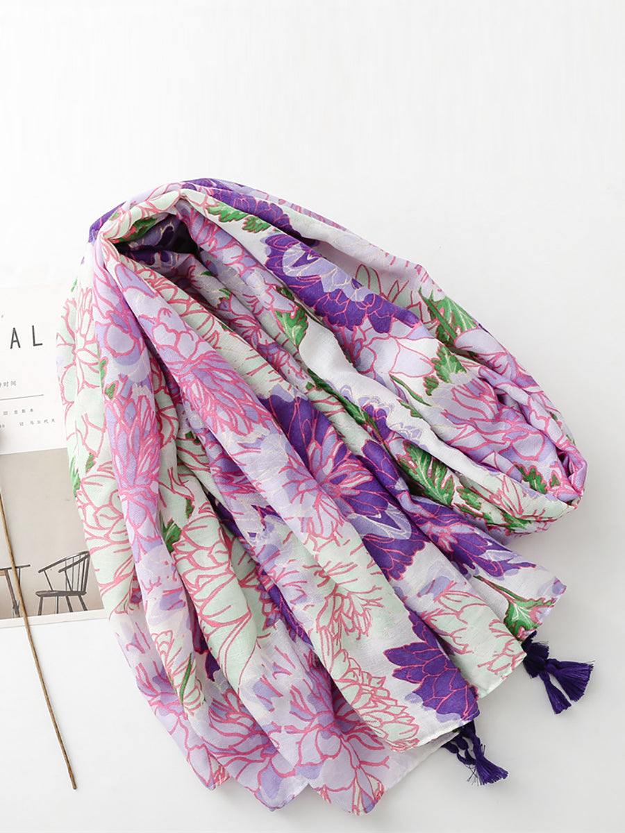 Damen Schal mit Blumenmuster und Quaste, Violett, OP1029 