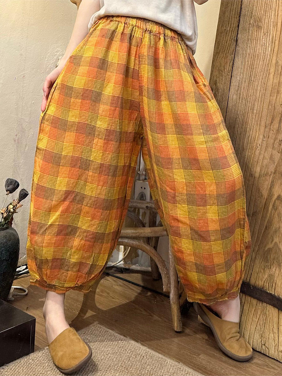 Women Summer Casual Plaid Linen Harem Pants OO1024