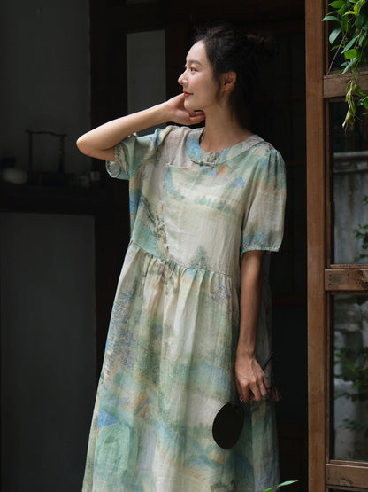 Women Summer Vintage Print Ramie Loose Dress OO1009