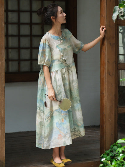 Women Summer Vintage Print Ramie Loose Dress OO1009