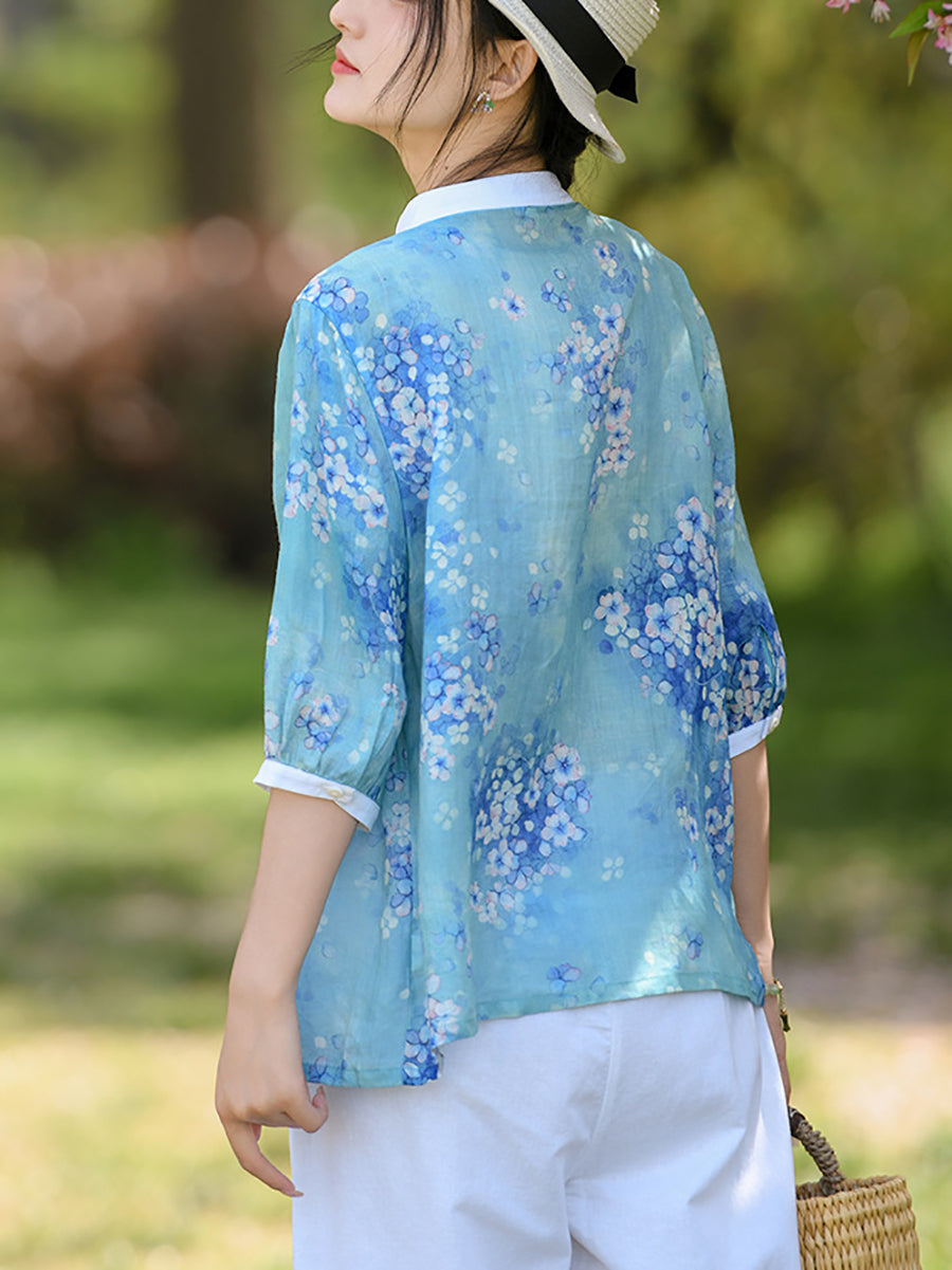 Chemise d'été en ramie à imprimé floral ethnique pour femme OO1010