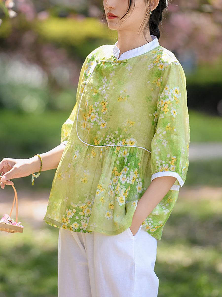 Chemise d'été en ramie à imprimé floral ethnique pour femme OO1010