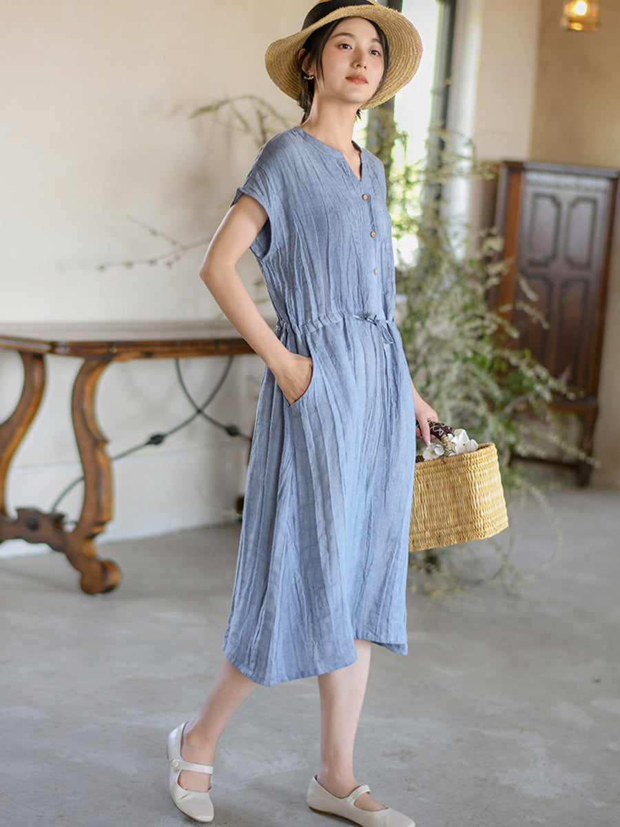 Robe d'été vintage en lin à bretelles solides pour femmes OO1011